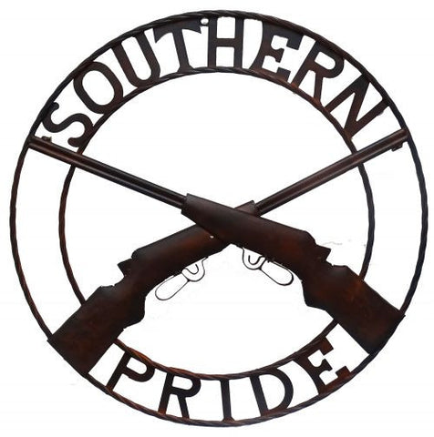 23" rusted metal "Southern Pride" wall hang with crossed shotguns.