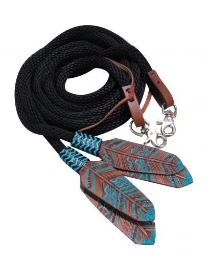 Showman ® 8ft round braided nylon split reins with teal painted