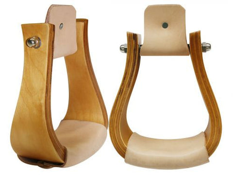Finished wood bell stirrup. 3" neck, 4.75" wide and 3" tread