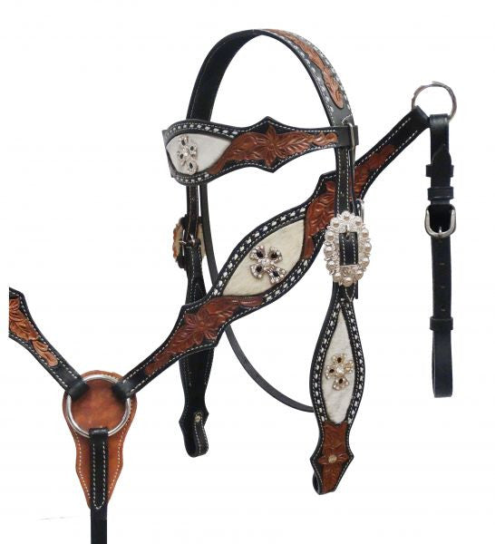 Western Brown Leather Tack set of Headstall & Breast collar with LV Inlay
