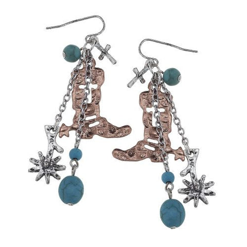 Copper colored western boot earrings with silver and turquoise charms.