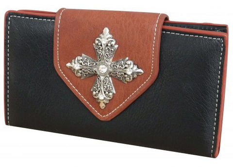 Black PU leather wallet with camel color trim and engrave cross.