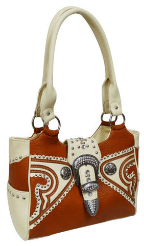 Camel colored PU leather handbag with cream PU leather trim and large crystal rhinestone buckle.