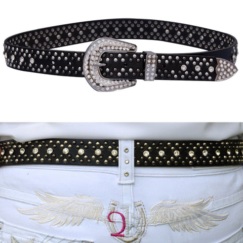 2KGrey Ladies Leather Belt with Studs and Crystals