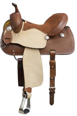 14", 15", 16" Double T  Argentina cow leather barrel style saddle with basket weave tooling.