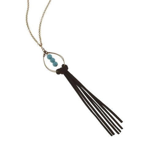 16" gold chain necklace with leather tassel with turquoise stones. 7.