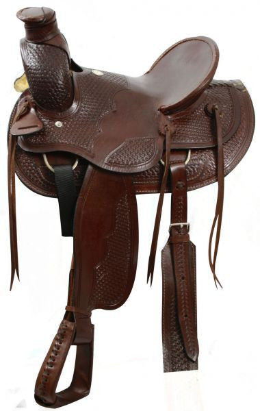 16" Buffalo wade style hardseat saddle with natural rawhide.