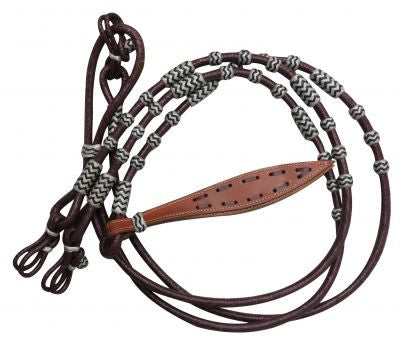 Showman ® Braided Burgundy rawhide romal reins with leather popper.