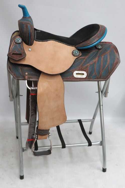 ONE OF A KIND 16" Barrel style saddle with feather tooling.