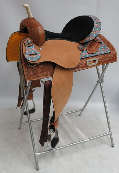 ONE OF A KIND 15" Barrel style saddle with Navajo print.