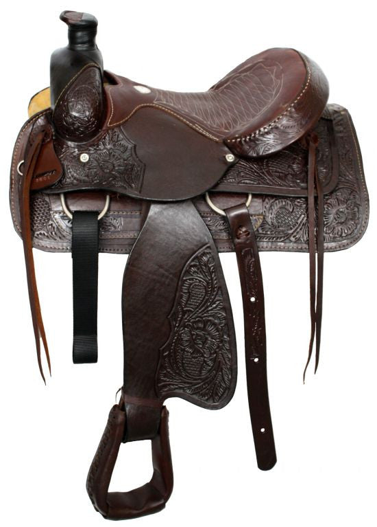 16" Acorn tooled Buffalo roper style saddle with smooth leather seat.