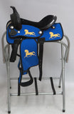 ONE OF A KIND 12" Suede pony saddle with embroidered running horse.