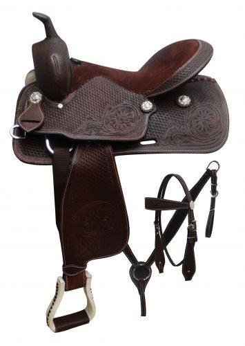 16" Economy style saddle set with floral and basket weave tooling.