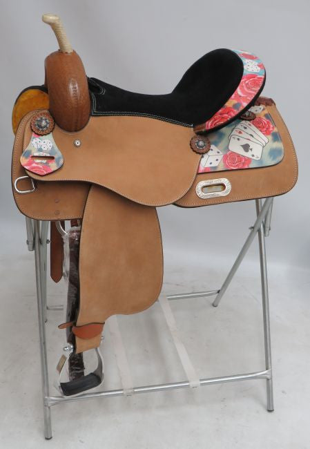 ONE OF A KIND *NEW* 15" barrel style saddle a " Gambling Rose" overlay.