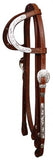 Showman ® Leather silver double ear headstall with 7' split reins. Features silver on cheeks.