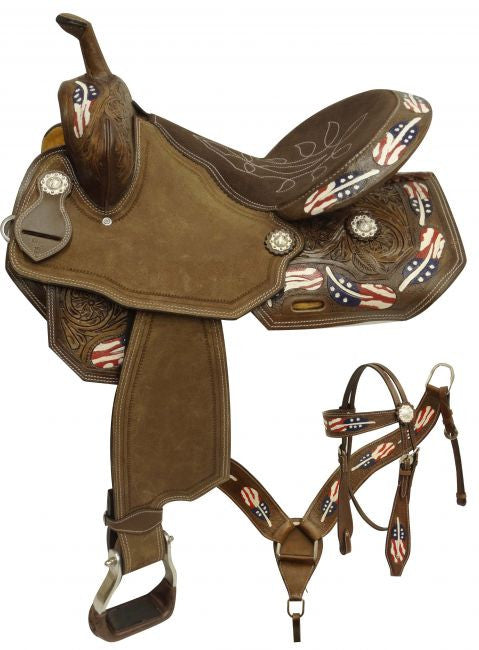 15", 16"  barrel style saddle set with red, white and blue painted feathers.