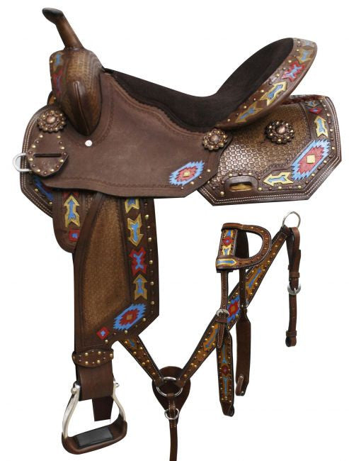 16" Economy barrel style saddle set with painted arrow design.