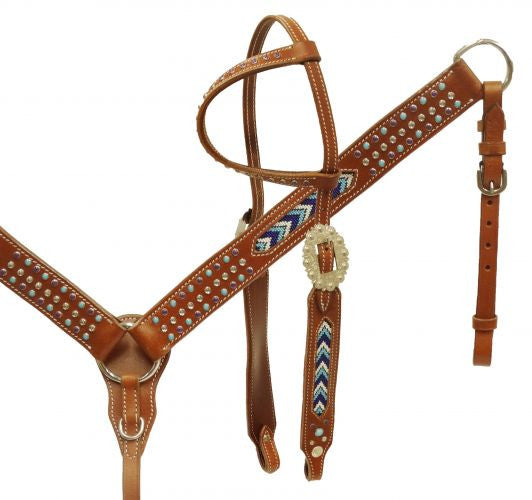 Showman ® Single ear headstall and breast collar set with beaded inlays.
