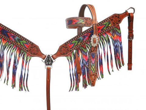 Showman® Brushed chevron headstall and breast collar set with fringe