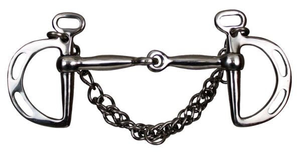 Showman ® stainless steel snaffle mouth slotted kimberwick with 5" mouth.