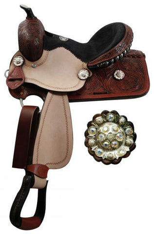 12" youth Double T barrel saddle with fully tooled pommel, skirts and cantle.