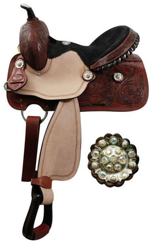 13" Youth Double T barrel saddle with fully tooled pommel, skirts and cantle.