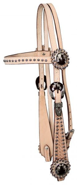 Showman ® double stitched leather headstall with silver engraved crossed pistol conchos.