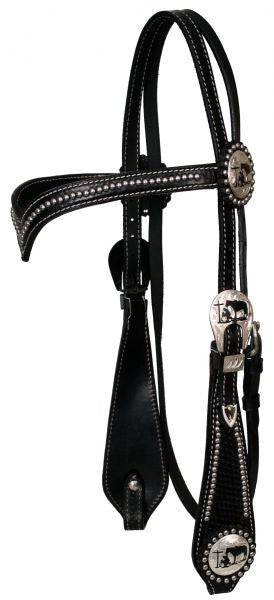 Showman ® double stitched leather silver beaded v brow headstall with silver engraved cut out praying cowboy conchos.