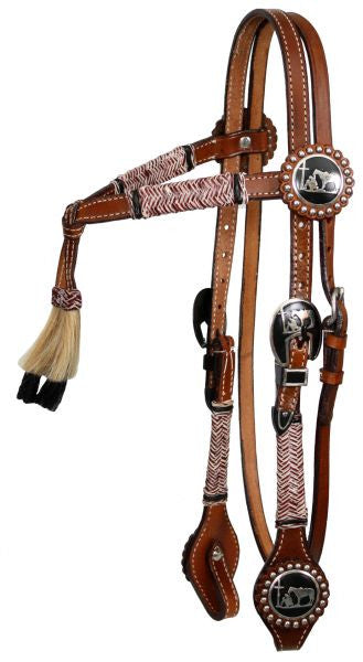Showman ® double stitched leather furturity knot rawhide braided headstall with praying cowboy conchos.