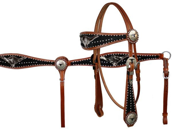 Showman ® double stitched leather headstall and breast collar set with hair on cowhide print.