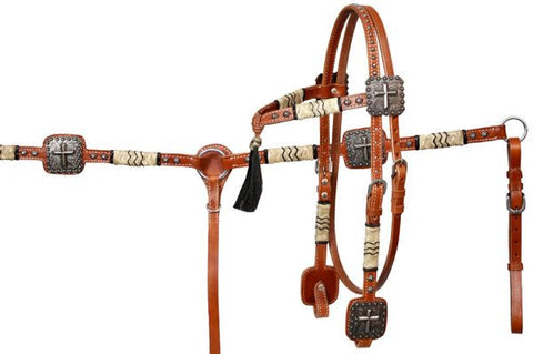 Showman ® double stitched leather furturity knot rawhide braided horse hair headstall and breastcollar set with large brushed nickel cross conchos.