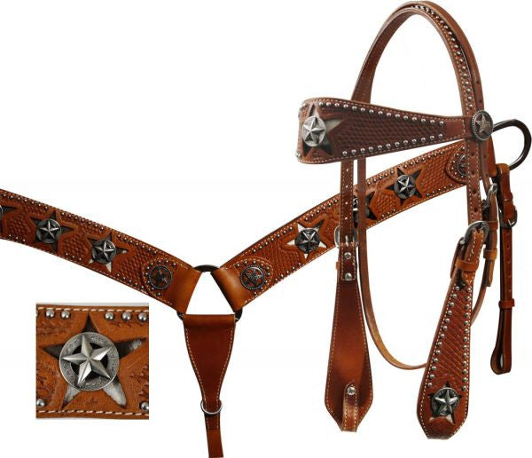 Showman ® wide leather basket weave tooled browband headstall and breastcollar set with cut out star hair on cowhide inlay