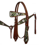 Showman ® wide browband headstall and breast collar set with hair on zebra print with rhinestone conchos and studs.