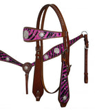 Showman ® wide browband headstall and breast collar set with hair on zebra print with rhinestone conchos and studs.