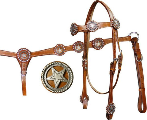 Showman ® Double Stitched Leather Headstall and Breastcollar Set with Brushed Nickel Engraved Cut-Out Texas Star Conchos.
