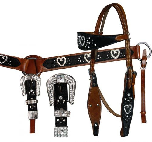 Showman ® headstall and breast collar set featuring hair on cowhide and crystal rhinestone accented hearts.