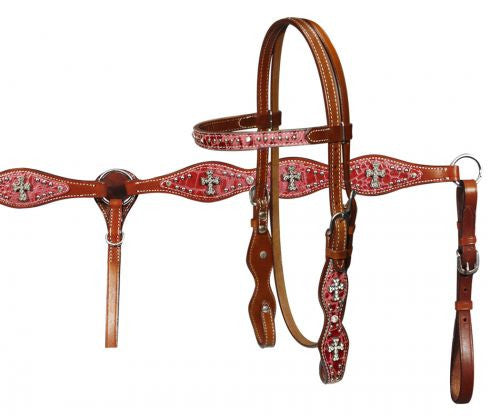 Showman ®  Double Stitched Leather Headstall and Breast Collar Set with Alligator Print and Crystal Cross Conchos.