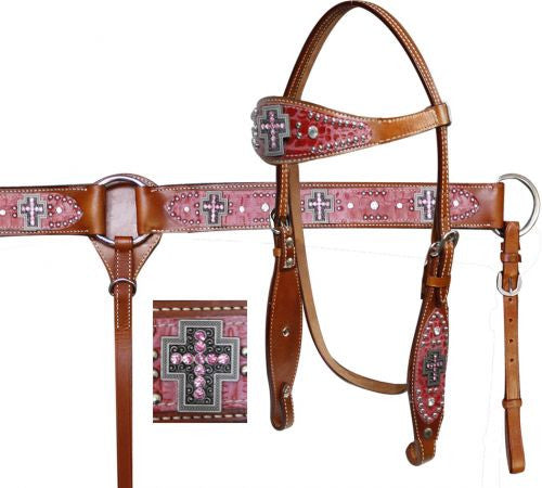 Showman ® Double Stitched Leather Headstall and Breast Collar Set with Alligator Print and Cross Conchos.