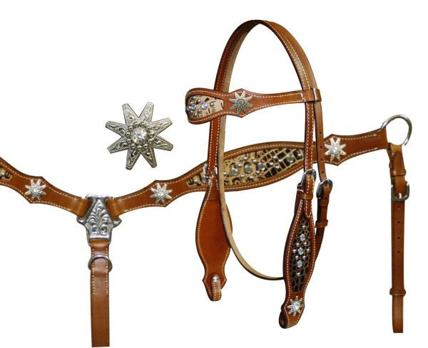 Showman ® Headstall and Breast Collar Set with Cut Out Alligator Print Accented with Spur Rowel Conchos and Crystal Rhinestone Studs.