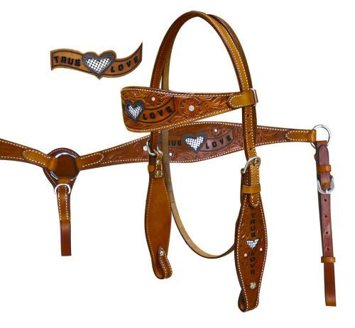 Showman ® Headstall and Breast Collar Set With " True Love" Cut out. Accented with linked crystal rhinestone inlay hearts.