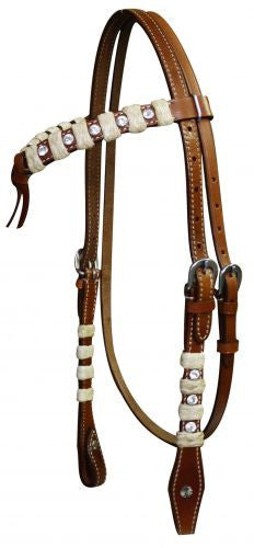 Showman ® Double stitched leather futurity knot headstall accented with rawhide braiding and crystal rhinestones