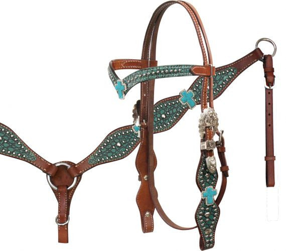 Showman ® Alligator Print Headstall and Breast Collar set with Turquoise Crosses.