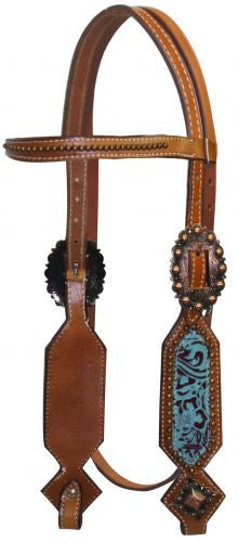Showman ®  Double Stitched Leather Headstall with Filigree Print Overlay.