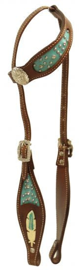 Showman ® Single ear headstall with teal textured leather inlay and painted feather.