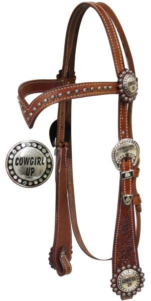 Showman ® Double Stitched Leather  " Cowgirl Up" Headstall.