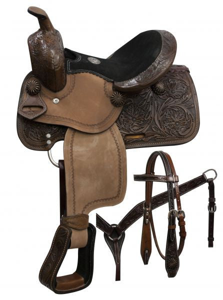 10" Double T pony saddle set with copper colored starburst conchos.