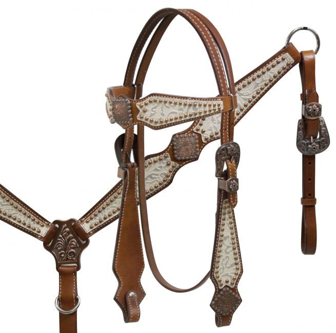 Showman ® Double Stiched Leather Silver Filigree Headstall and Breast Collar Set.