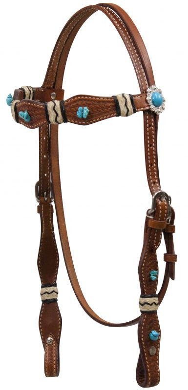 Showman ® Turquoise Stone Beaded Headstall with Rawhide Accents.