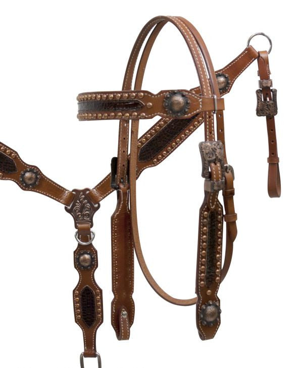 Showman ® Double Stiched Leather Headstall and Breast Collar with Alligator print and Copper Hardware.
