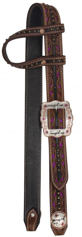 Showman ® One Ear Belt Style Leather Headstall with " Cowgirl Up" Buckle and Conchos.